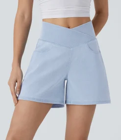 Denim Shorts|Crossover Shorts<HALARA Flex™ Crossover High Waisted Pockets Wide Leg A Line Washed Denim Casual Shorts
