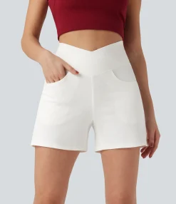 Denim Shorts|Crossover Shorts<HALARA Flex™ Crossover High Waisted Pockets Wide Leg A Line Washed Denim Casual Shorts