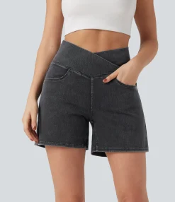 Denim Shorts|Crossover Shorts<HALARA Flex™ Crossover High Waisted Pockets Wide Leg A Line Washed Denim Casual Shorts