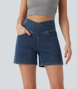 Denim Shorts|Crossover Shorts<HALARA Flex™ Crossover High Waisted Pockets Wide Leg A Line Washed Denim Casual Shorts