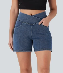 Denim Shorts|Crossover Shorts<HALARA Flex™ Crossover High Waisted Pockets Wide Leg A Line Washed Denim Casual Shorts