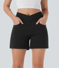 Denim Shorts|Crossover Shorts<HALARA Flex™ Crossover High Waisted Pockets Wide Leg A Line Washed Denim Casual Shorts