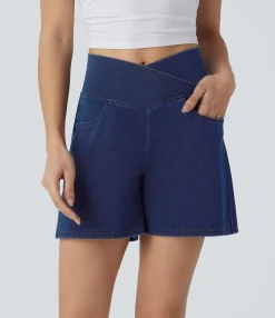 Denim Shorts|Crossover Shorts<HALARA Flex™ Crossover High Waisted Pockets Wide Leg A Line Washed Denim Casual Shorts