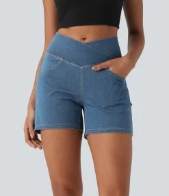 Denim Shorts|Crossover Shorts<HALARA Flex™ Crossover High Waisted Pockets Wide Leg A Line Washed Denim Casual Shorts