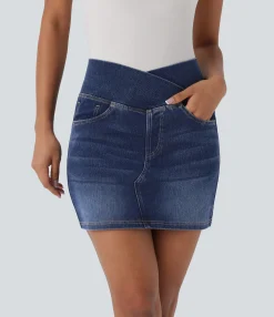 Denim Skirts|Mini Skirts<HALARA Flex™ Crossover High Waisted Pockets Bodycon Mini Washed Denim Casual Skirt