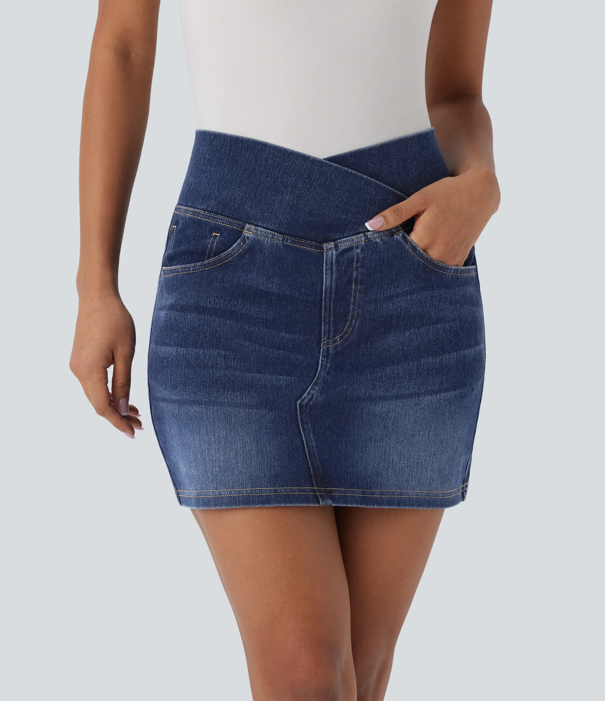 Denim Skirts|Mini Skirts<HALARA Flex™ Crossover High Waisted Pockets Bodycon Mini Washed Denim Casual Skirt