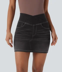 Denim Skirts|Mini Skirts<HALARA Flex™ Crossover High Waisted Pockets Bodycon Mini Washed Denim Casual Skirt