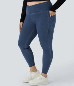 Pocket Leggings|Crossover Leggings<HALARA Flex™ Crossover Pocket Washed Denim Work Plus Size Leggings