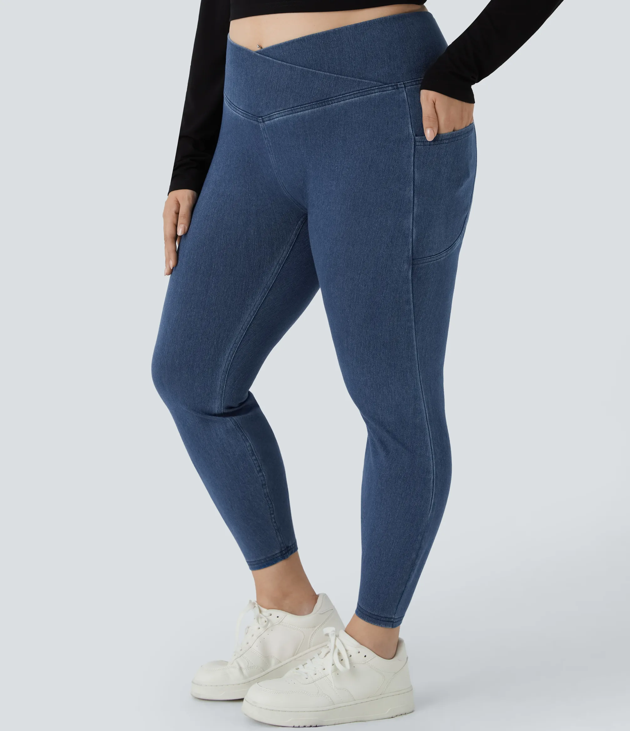 Pocket Leggings|Crossover Leggings<HALARA Flex™ Crossover Pocket Washed Denim Work Plus Size Leggings