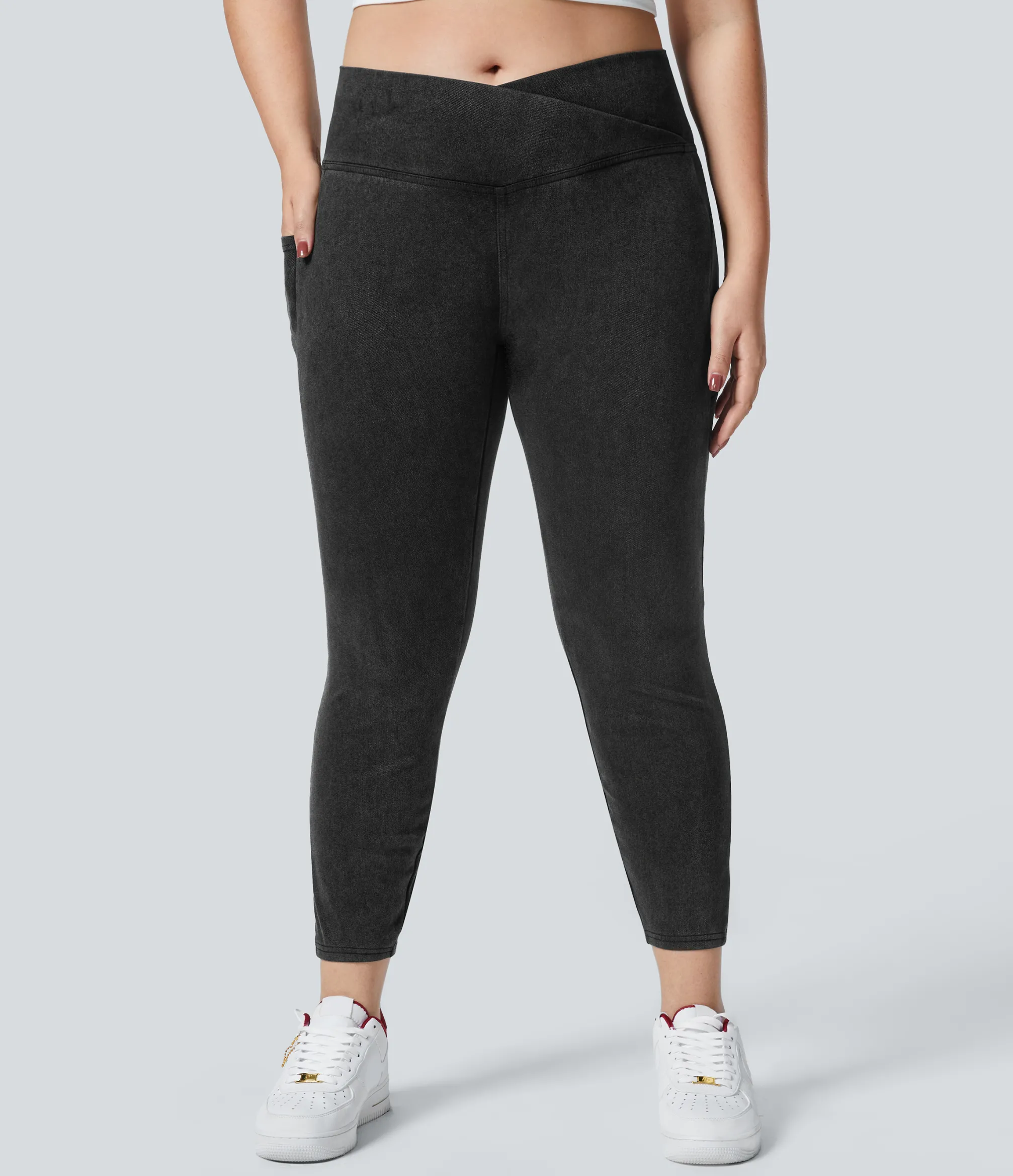 Pocket Leggings|Crossover Leggings<HALARA Flex™ Crossover Pocket Washed Denim Work Plus Size Leggings