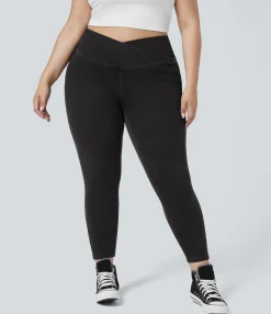 Pocket Leggings|Crossover Leggings<HALARA Flex™ Crossover Pocket Washed Denim Work Plus Size Leggings
