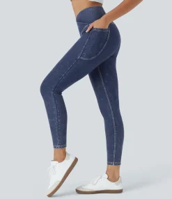 Pocket Leggings|Crossover Leggings<HALARA Flex™ Crossover Pocket Washed Denim Casual 7/8 Leggings