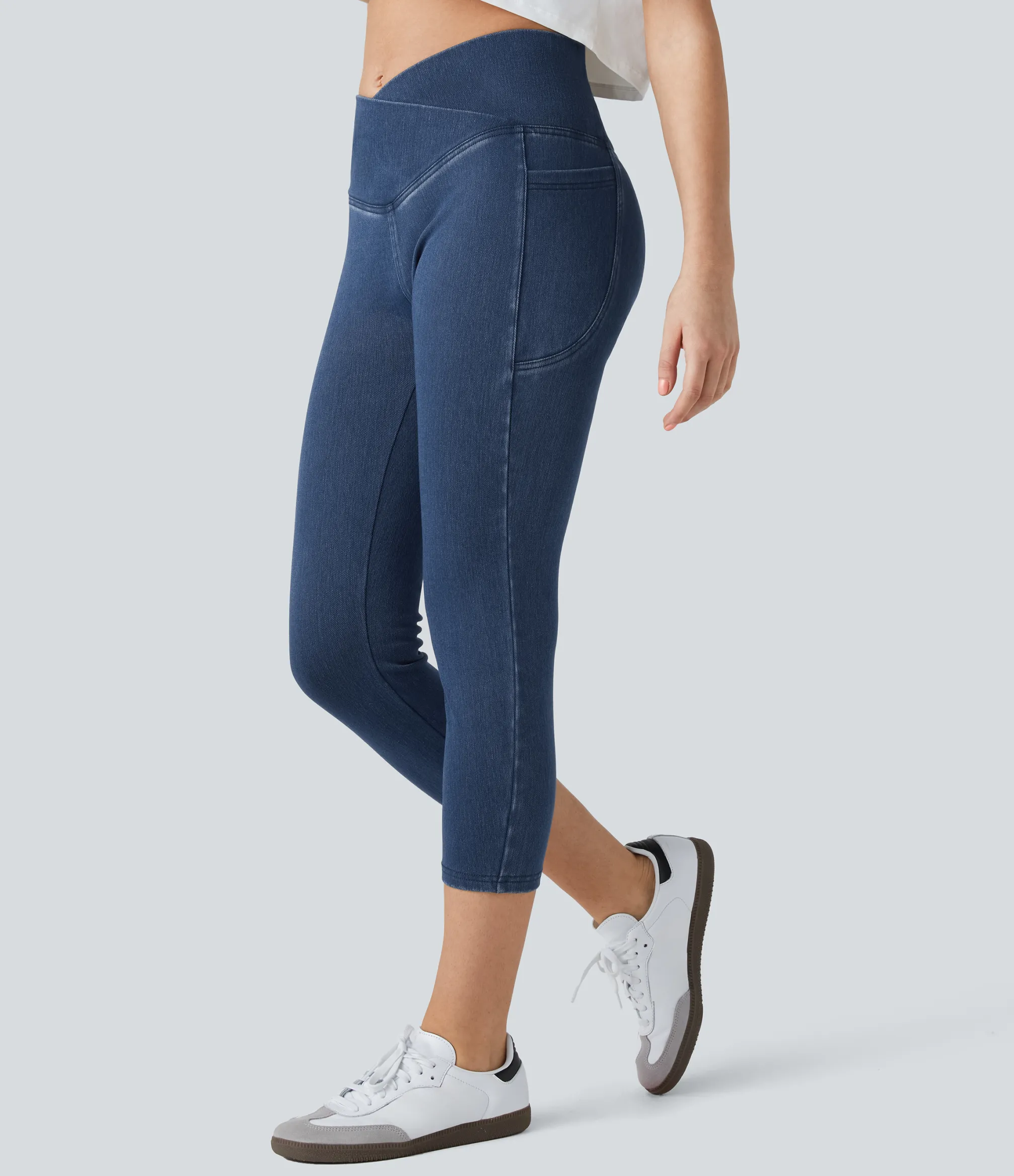 Pocket Leggings|Crossover Leggings<HALARA Flex™ Crossover Pocket Washed Denim Capri Casual Leggings