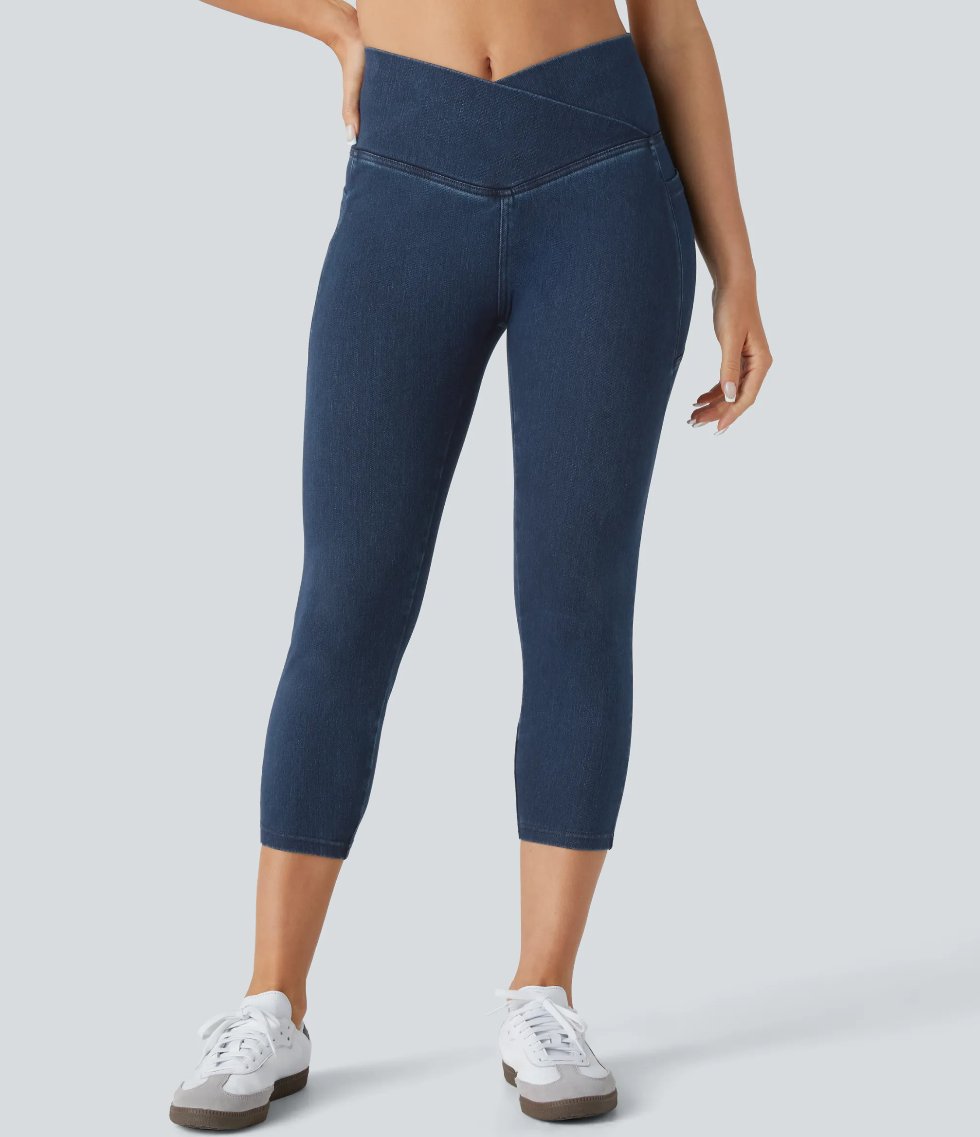 Pocket Leggings|Crossover Leggings<HALARA Flex™ Crossover Pocket Washed Denim Capri Casual Leggings
