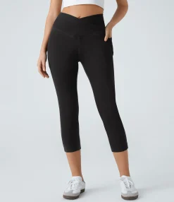 Pocket Leggings|Crossover Leggings<HALARA Flex™ Crossover Pocket Washed Denim Capri Casual Leggings