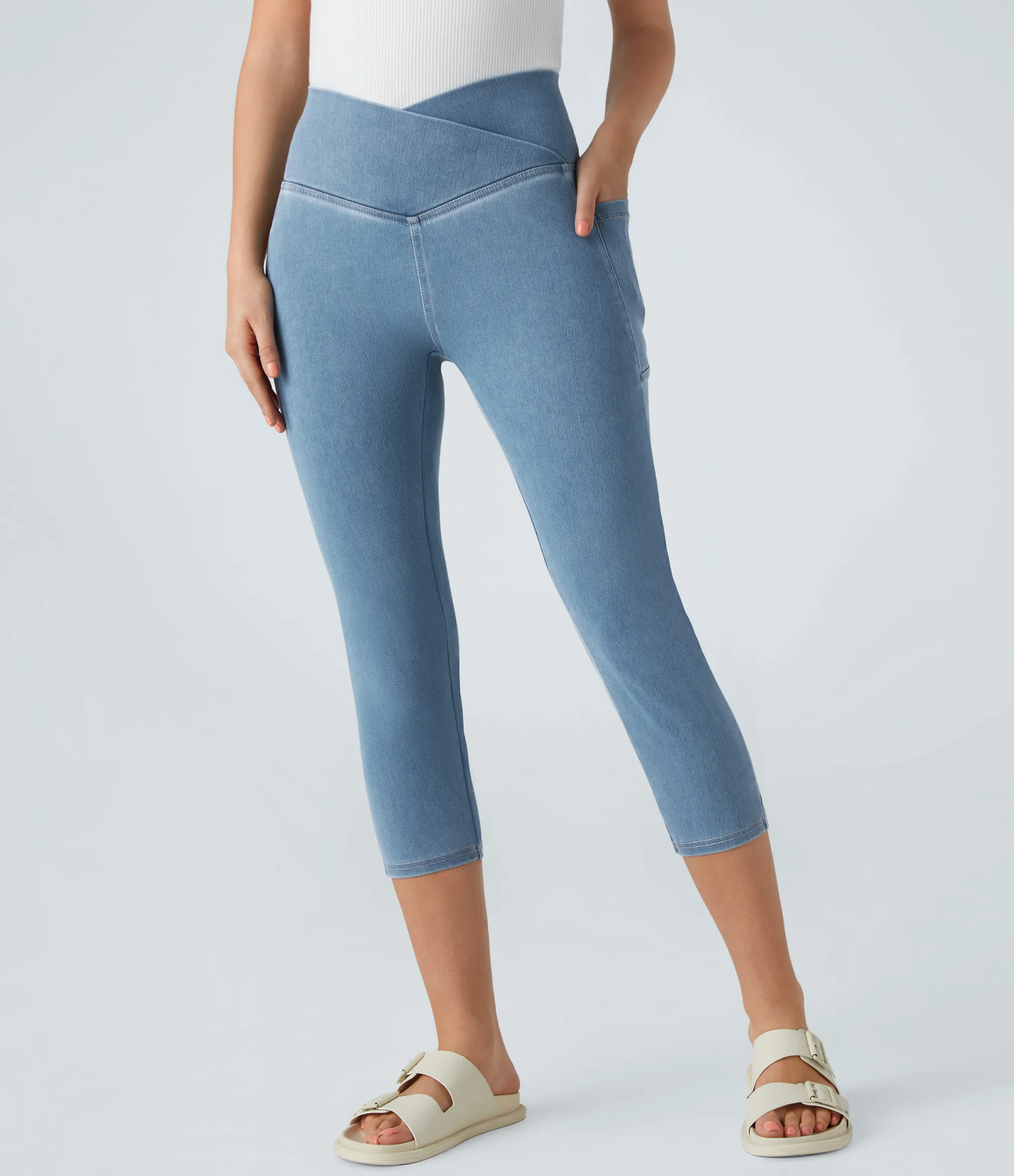 Pocket Leggings|Crossover Leggings<HALARA Flex™ Crossover Pocket Washed Denim Capri Casual Leggings