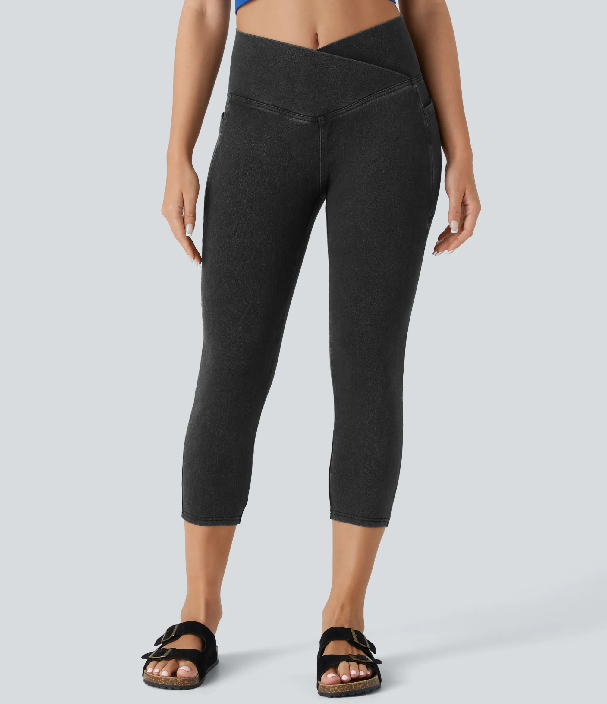 Pocket Leggings|Crossover Leggings<HALARA Flex™ Crossover Pocket Washed Denim Capri Casual Leggings