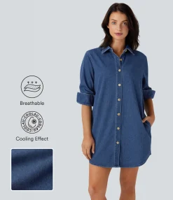 Denim Dresses|Denim Dresses<HALARA Flex™ Curved Hem Relax Mini Cool Touch Denim Casual Shirt Dress with Pockets