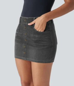 Denim Skirts|Mini Skirts<HALARA Flex™ Curvy High Waisted Pockets Decorative Bodycon Mini Washed Denim Casual Skirt Stone Grey Denim