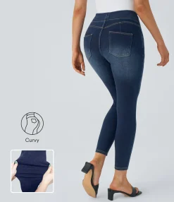 High Waisted Jeans|Skinny Jeans<HALARA Flex™ Curvy High Waisted Decorative Pockets Washed Casual 7/8 Jeans