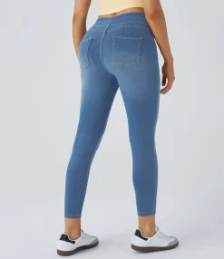 High Waisted Jeans|Skinny Jeans<HALARA Flex™ Curvy High Waisted Decorative Pockets Washed Casual 7/8 Jeans