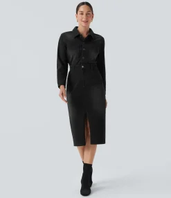 Denim Dresses|Denim Dresses<HALARA Flex™ Denim Long Sleeve Midi Casual Shirt Dress with Pockets