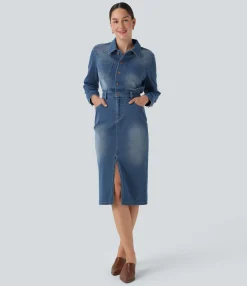 Denim Dresses|Denim Dresses<HALARA Flex™ Denim Long Sleeve Midi Casual Shirt Dress with Pockets