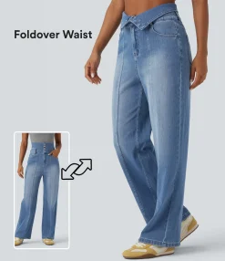 High Waisted Jeans|Straight-Leg Jeans<HALARA Flex™ Foldover High Waisted Straight Leg Casual Jeans with Pockets