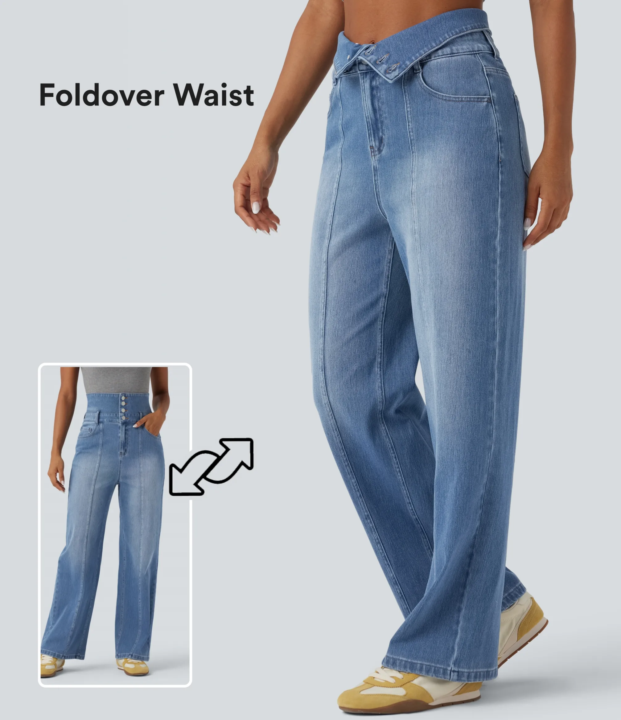 High Waisted Jeans|Straight-Leg Jeans<HALARA Flex™ Foldover High Waisted Straight Leg Casual Jeans with Pockets