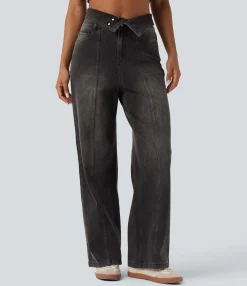 High Waisted Jeans|Straight-Leg Jeans<HALARA Flex™ Foldover High Waisted Straight Leg Casual Jeans with Pockets