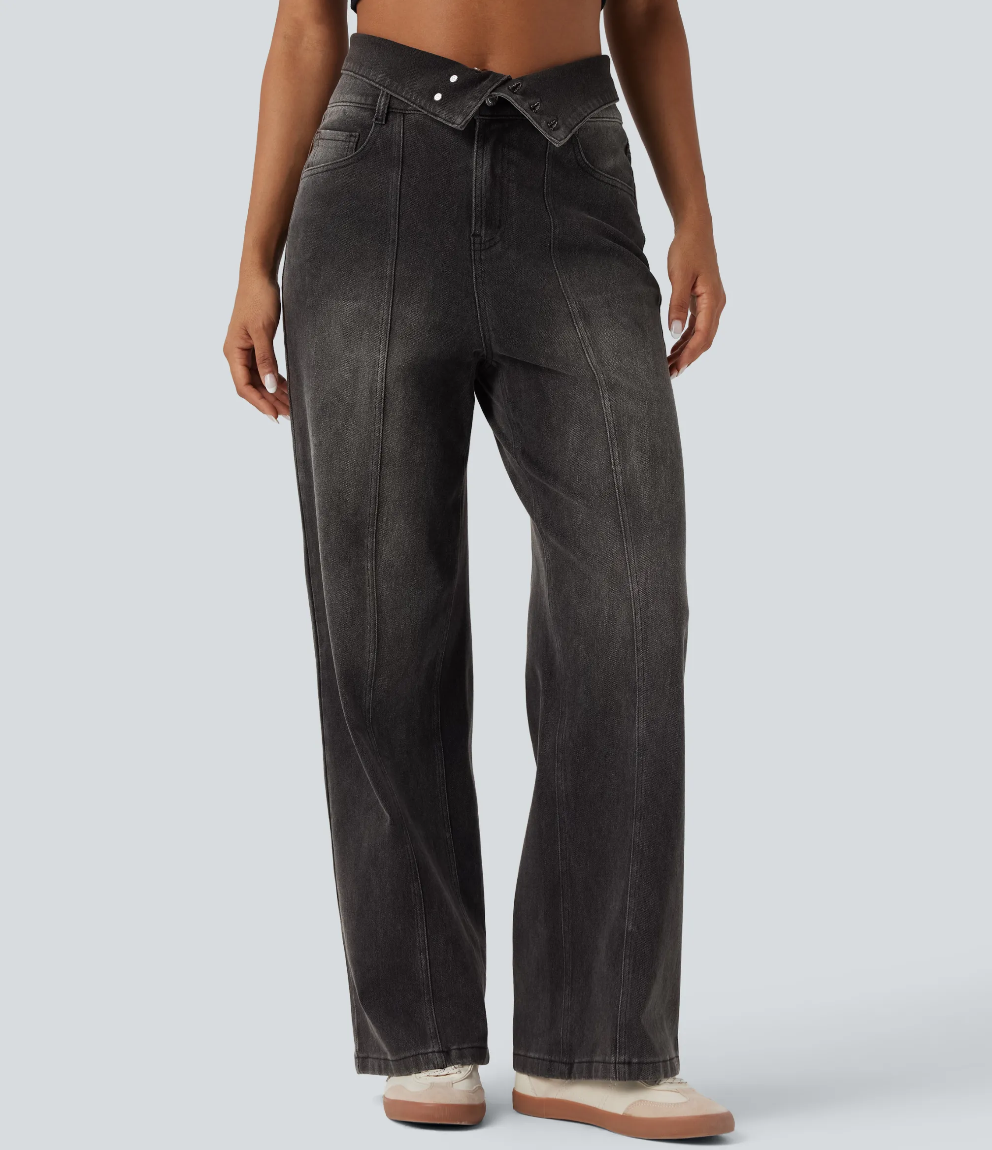High Waisted Jeans|Straight-Leg Jeans<HALARA Flex™ Foldover High Waisted Straight Leg Casual Jeans with Pockets