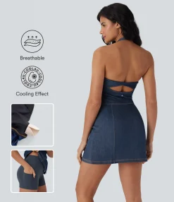 Bodycon Dresses|Mini Dresses<HALARA Flex™ Halter Bodycon 2-Piece Cool Touch Washed Denim Mini Tennis Active Dress with Pockets