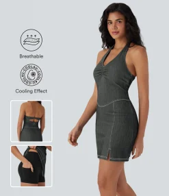 Bodycon Dresses|Mini Dresses<HALARA Flex™ Halter Bodycon 2-Piece Cool Touch Washed Denim Mini Tennis Active Dress with Pockets