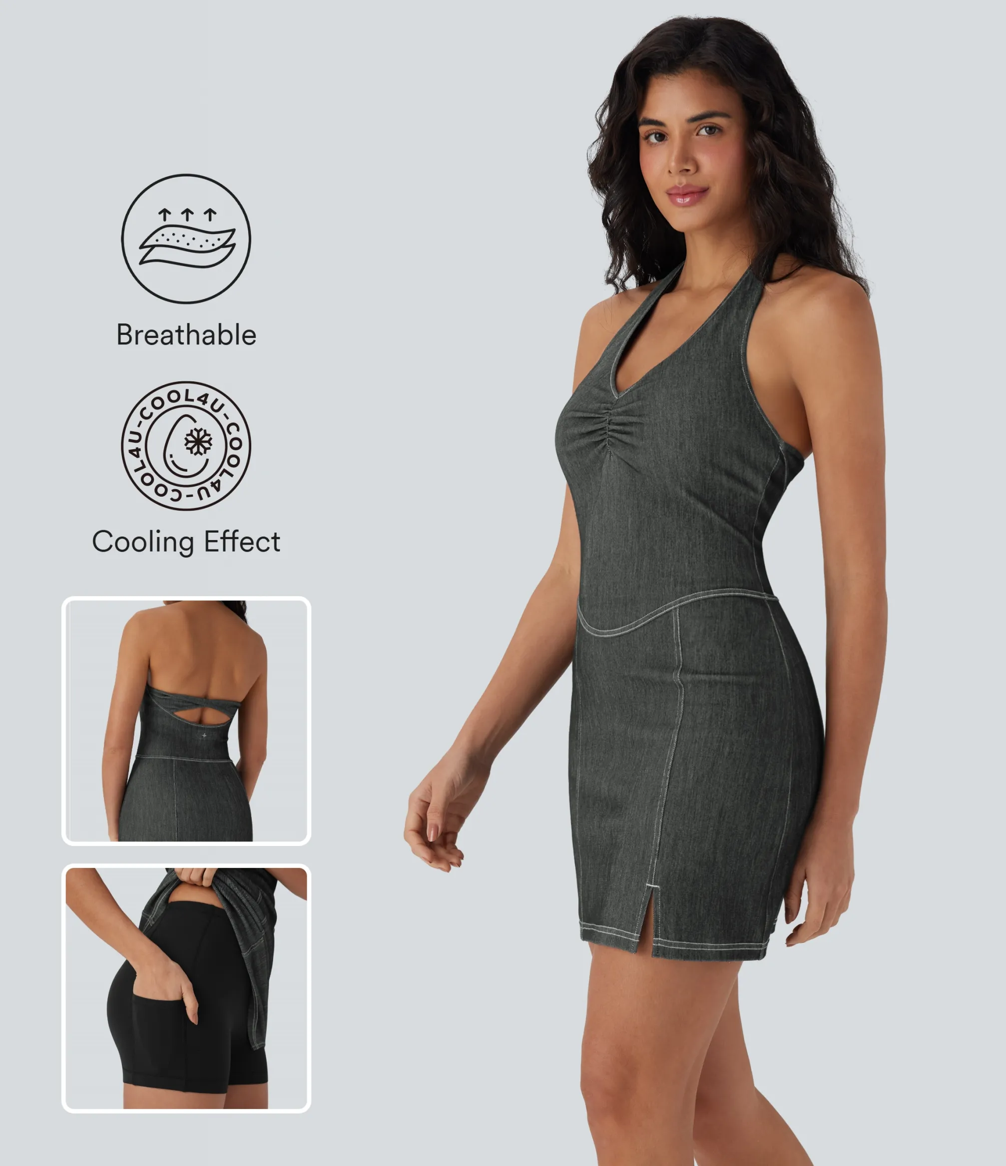 Bodycon Dresses|Mini Dresses<HALARA Flex™ Halter Bodycon 2-Piece Cool Touch Washed Denim Mini Tennis Active Dress with Pockets