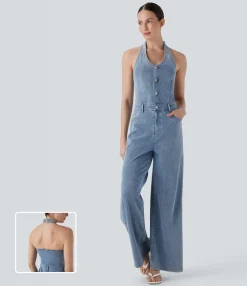 Wide Leg Jeans|Jumpsuits<HALARA Flex™ Halter Wide Leg Denim Casual Jumpsuit with Pockets