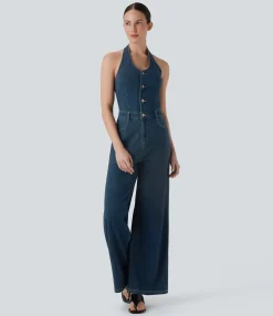 Wide Leg Jeans|Jumpsuits<HALARA Flex™ Halter Wide Leg Denim Casual Jumpsuit with Pockets