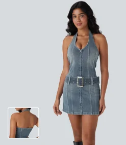 Denim Dresses|Denim Dresses<HALARA Flex™ Halter Zipper Belted Bodycon Mini Washed Denim Casual Dress