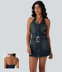 Denim Dresses|Denim Dresses<HALARA Flex™ Halter Zipper Belted Bodycon Mini Washed Denim Casual Dress