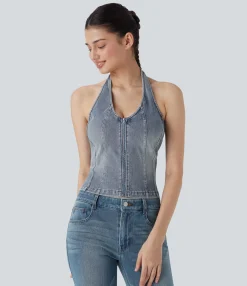 Casual Tops|Tank Tops & Camis<HALARA Flex™ Halter Zipper Washed Denim Casual Tank Top