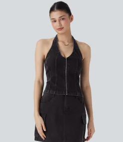 Casual Tops|Tank Tops & Camis<HALARA Flex™ Halter Zipper Washed Denim Casual Tank Top