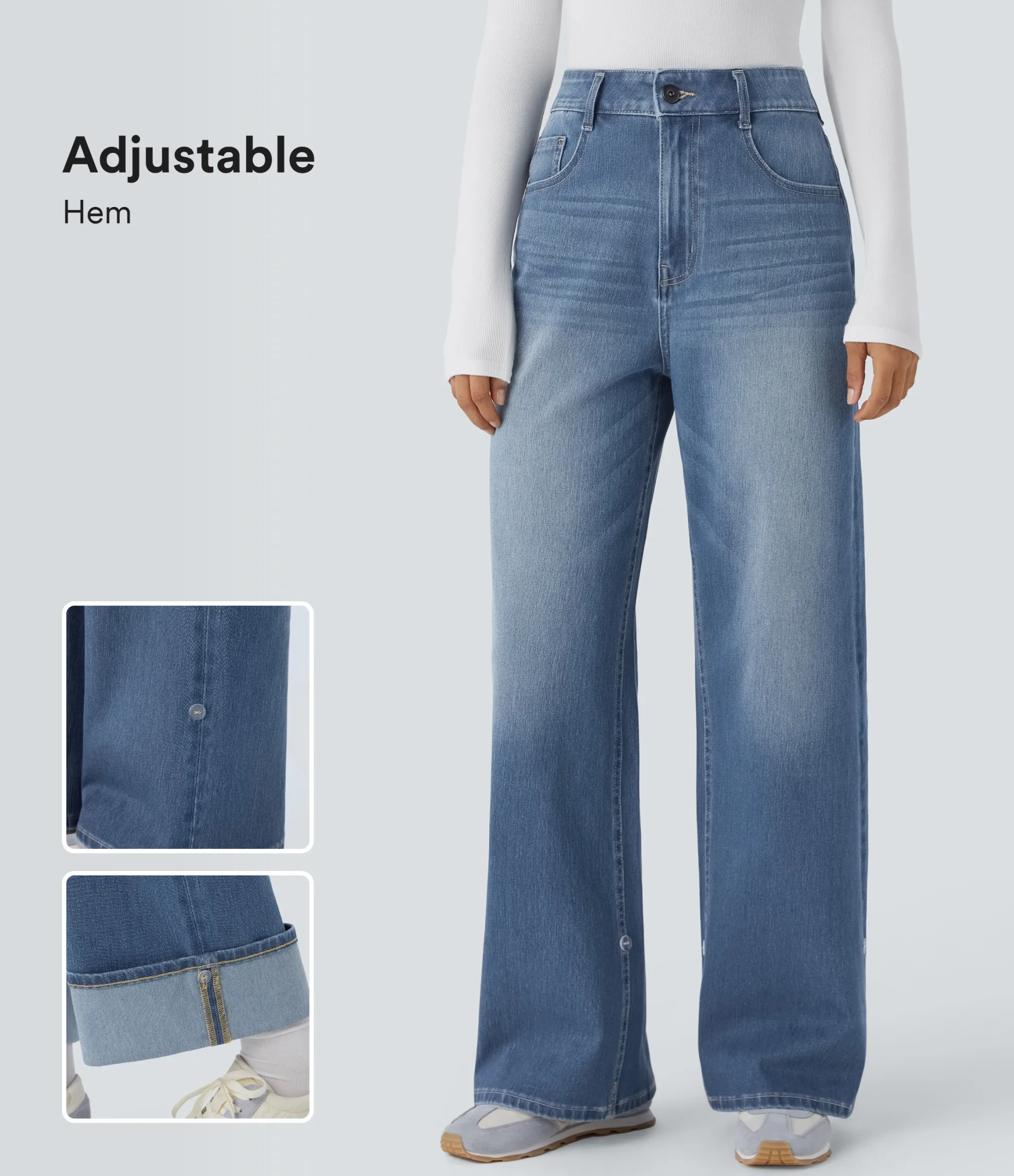 High Waisted Jeans|Wide Leg Jeans<HALARA Flex™ High Waisted Pockets Adjustable Hem Wide Leg Washed Casual Jeans