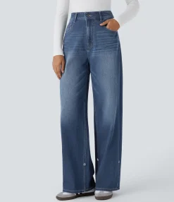 High Waisted Jeans|Wide Leg Jeans<HALARA Flex™ High Waisted Pockets Adjustable Hem Wide Leg Washed Casual Jeans