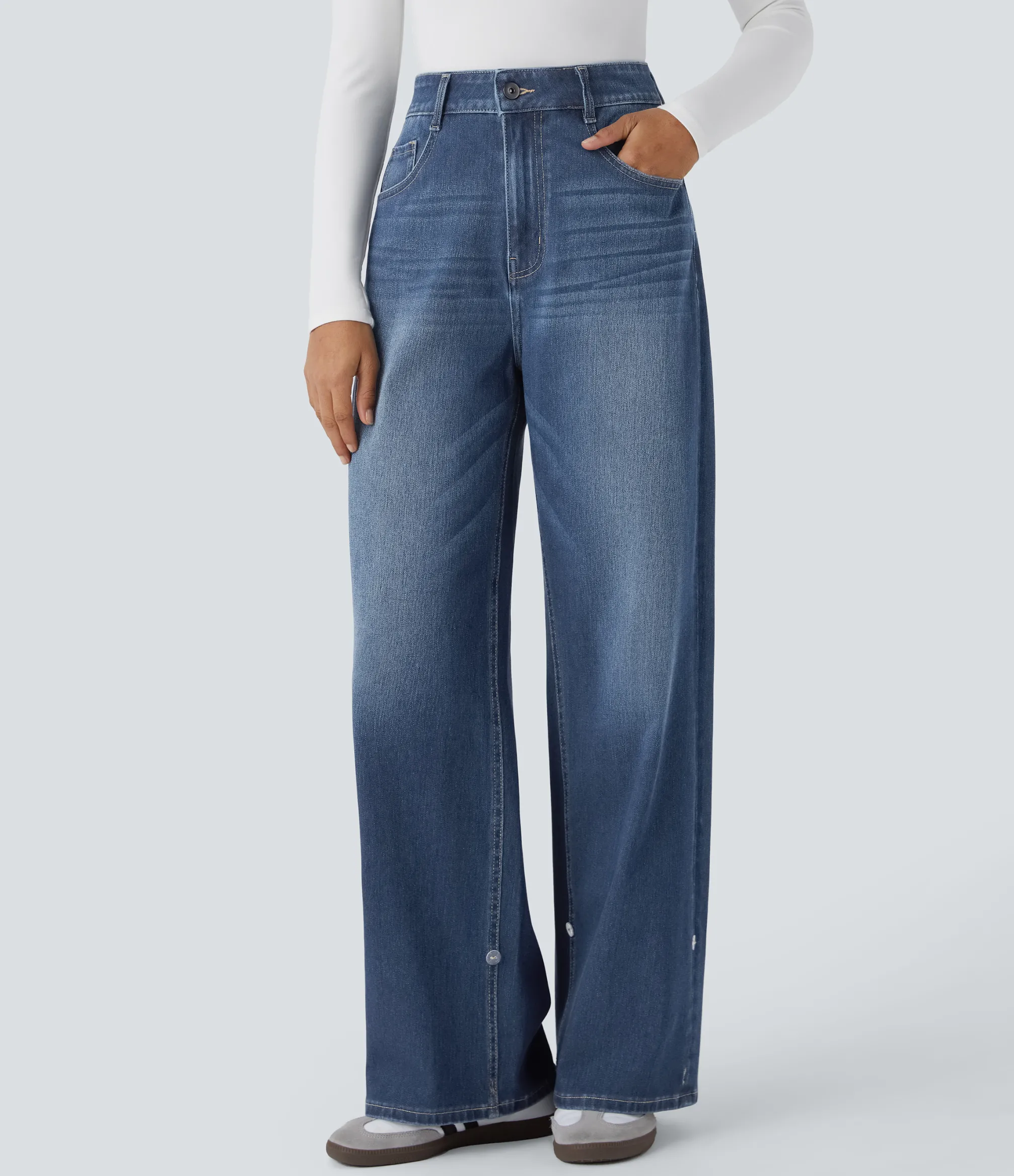 High Waisted Jeans|Wide Leg Jeans<HALARA Flex™ High Waisted Pockets Adjustable Hem Wide Leg Washed Casual Jeans