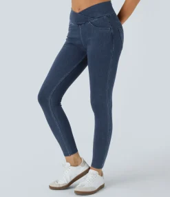 Pocket Leggings|Crossover Leggings<HALARA Flex™ High Waisted Crossover Pockets Denim Work Leggings