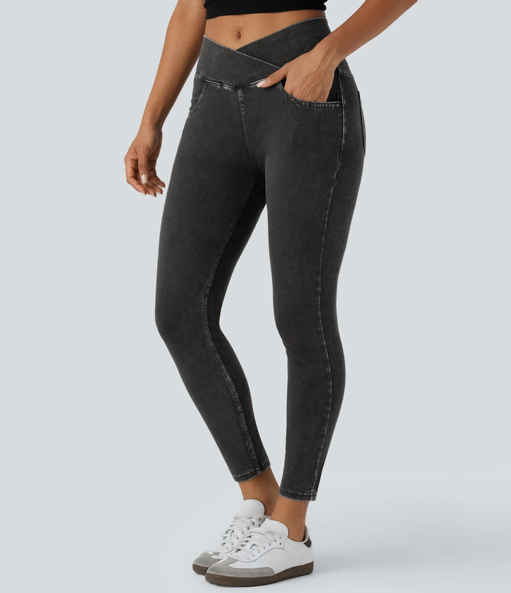 Pocket Leggings|Crossover Leggings<HALARA Flex™ High Waisted Crossover Pockets Denim Work Leggings