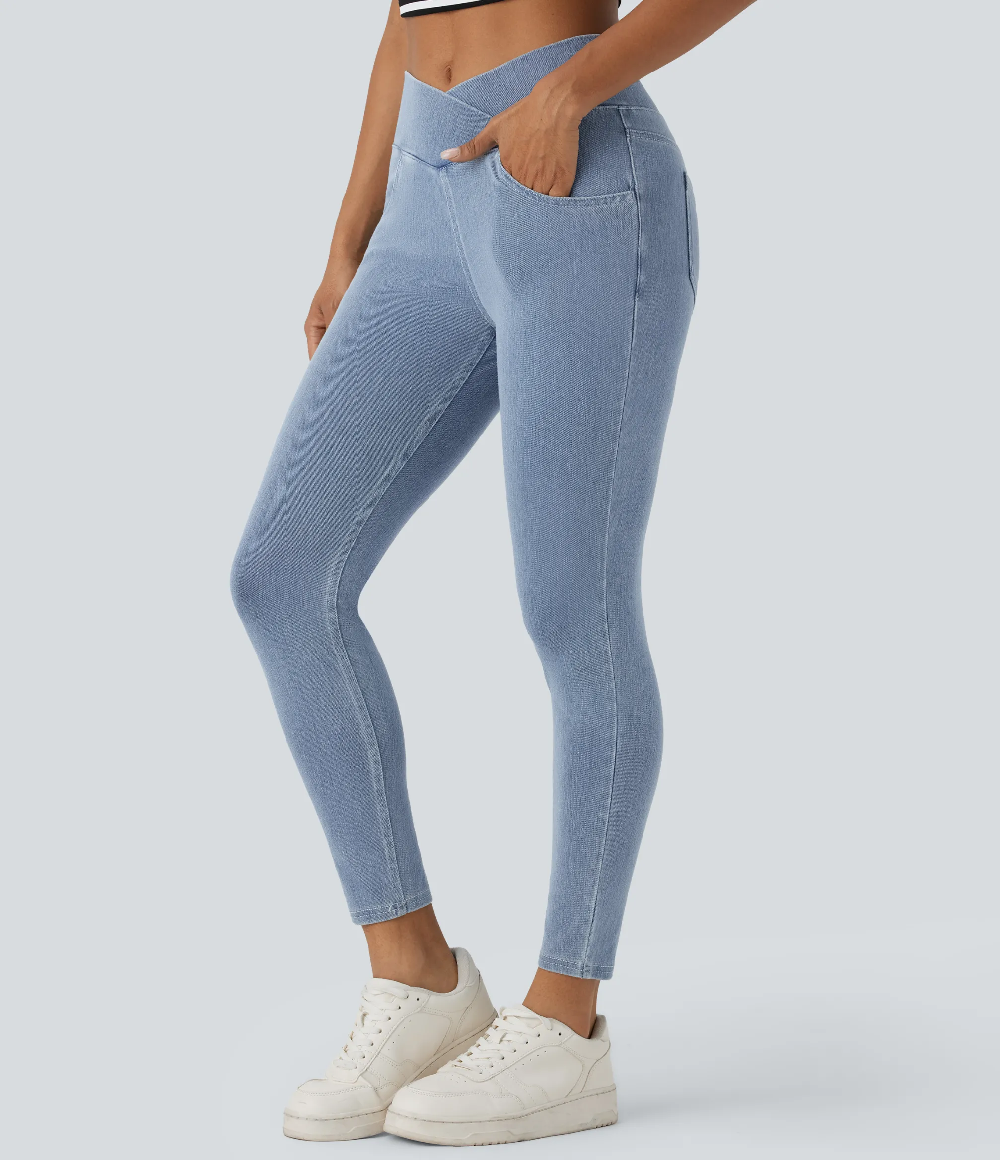Pocket Leggings|Crossover Leggings<HALARA Flex™ High Waisted Crossover Pockets Denim Work Leggings