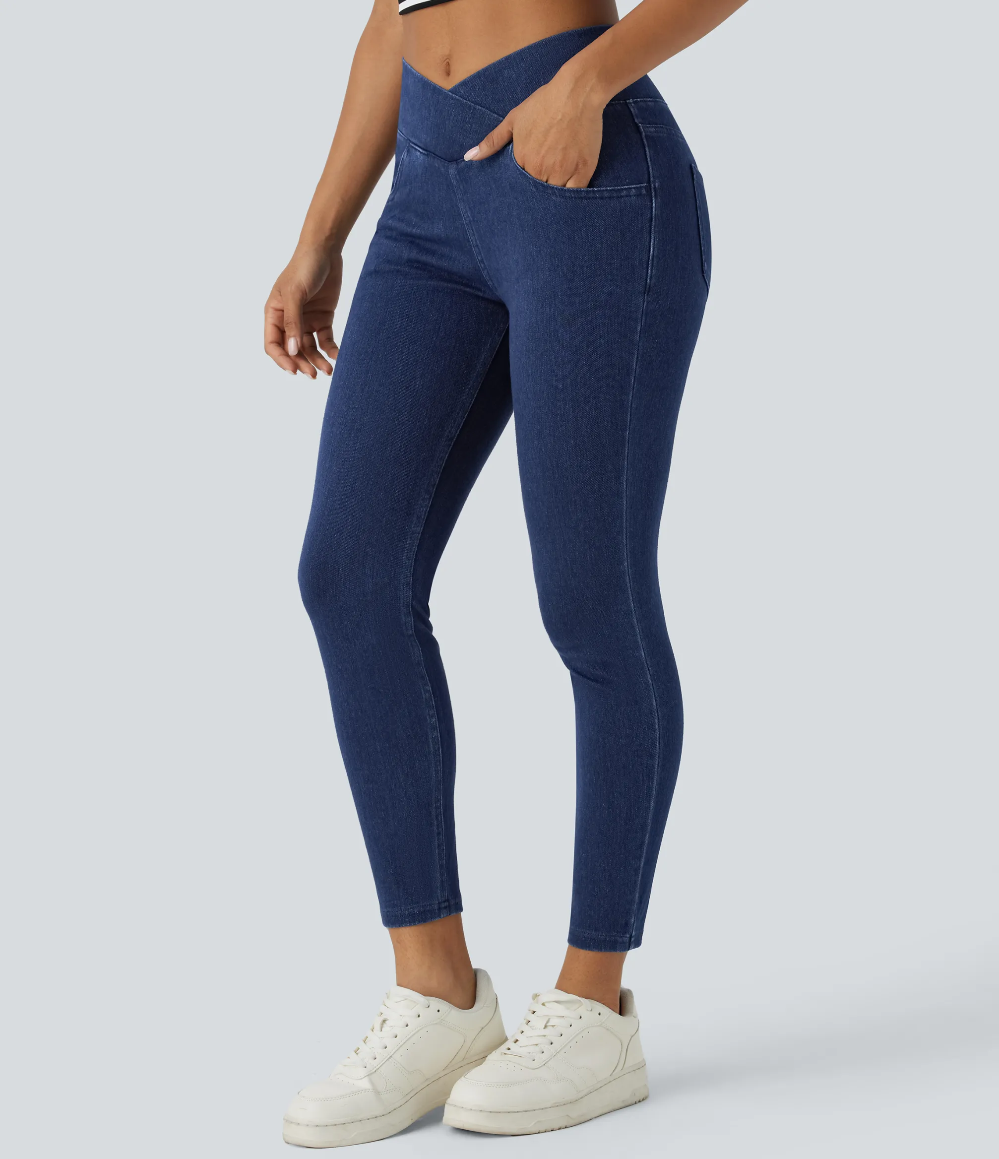 Pocket Leggings|Crossover Leggings<HALARA Flex™ High Waisted Crossover Pockets Denim Work Leggings