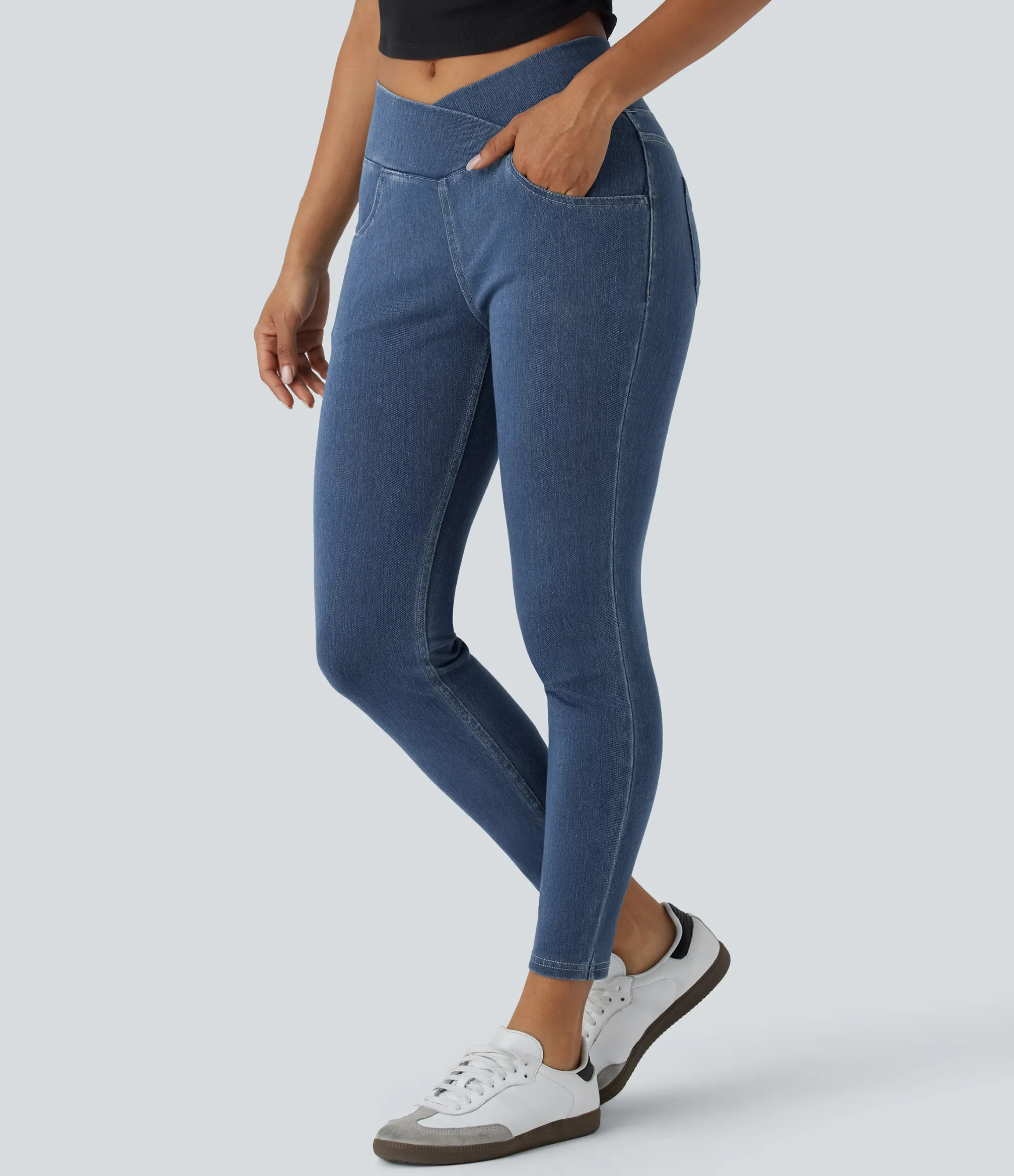 Pocket Leggings|Crossover Leggings<HALARA Flex™ High Waisted Crossover Pockets Denim Work Leggings