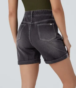 Denim Shorts|Denim Shorts<HALARA Flex™ High Waisted Pockets Ripped Rolled Hem Washed Denim Casual Shorts