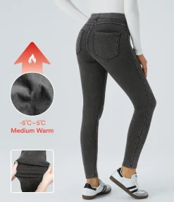 Pocket Leggings|Casual Wear Leggings<HALARA Flex™ High Waisted Pocket Denim Thermal Casual Leggings Denim Black